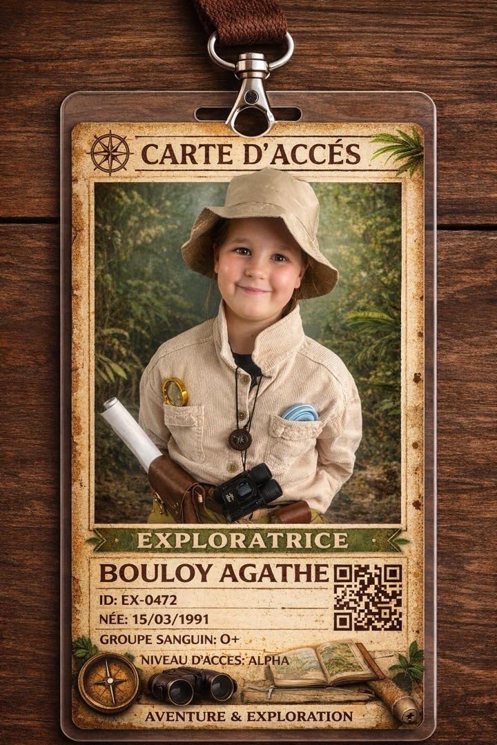 Badge d'exploratrice original avec photo d'Agathe.